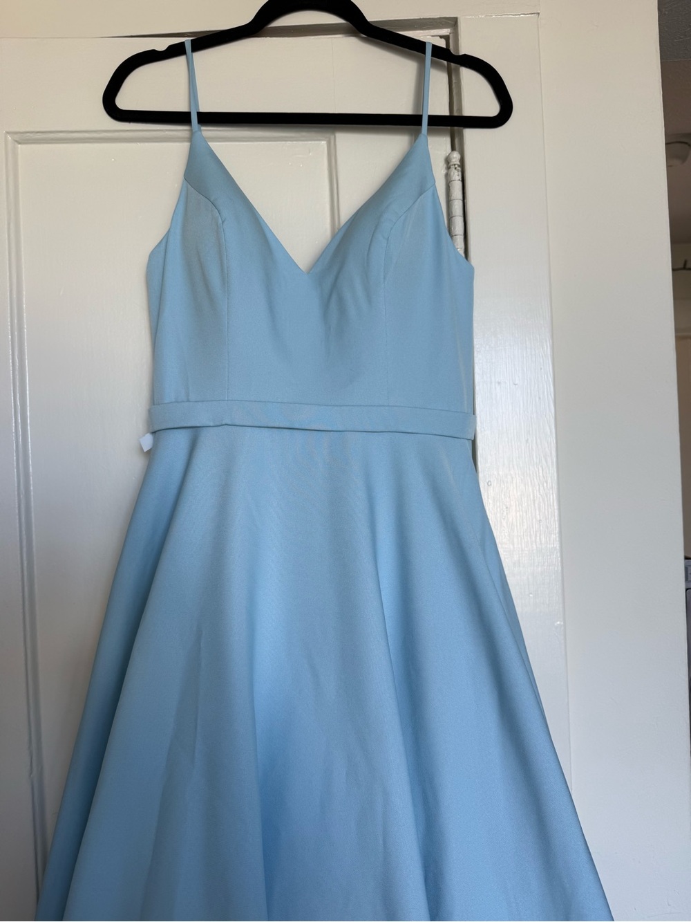 Strapless Light Blue A-Line Dress with V-Neck